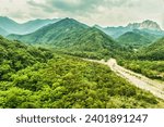 Sokcho, South Korea - June 08 2015 : A view of the valley with green mountains. Seoraksan is one of the best known national parks in South Korea.