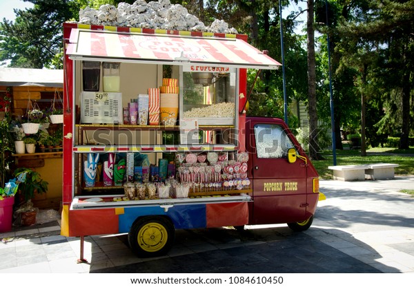 Sokobanja, Serbia, May 02, 2018:  popcorn sale\
truck, mobile food and sweets vendor in center of place Sokobanja\
well known touristic place in\
Serbia