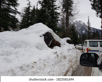 Solang Valley, Himchal Pradesh, India - February 6, 2019: Scenery of road at Solang Valley during winter. Solang Valley is one of the tourist attraction for winter activities in India