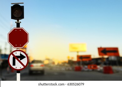 Solar Cell Flashing Light LED, Red Blank Sign And Don't Turn Right Sign On Road Background