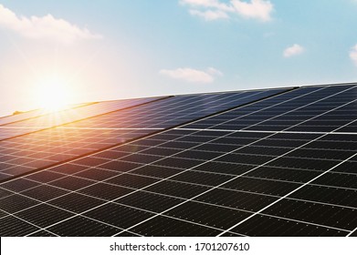 Solar Cell Panel With Blue Sky And Sunset. Energy Cleaning In Nature Concept