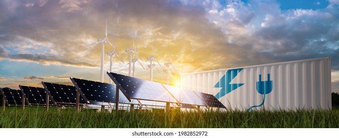 Solar Cell Plant And Wind Generators In The Urban Area Connected To The Smart Grid. Energy Supply, Eolic Turbine, Distribution Of Energy, Powerplant, Energy Transmission, High Voltage Supply Concept.