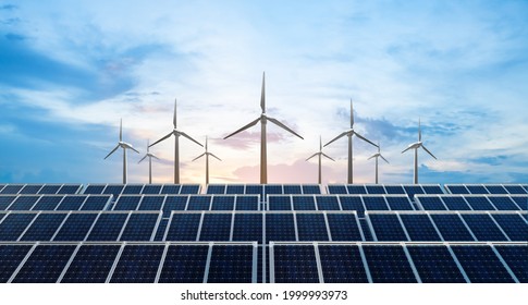 Solar Cell Plant And Wind Generators In Urban Area Connected To Smart Grid.Energy Supply,eolic Turbine,distribution Of Energy,Powerplant,energy Transmission, High Voltage Supply Concept.