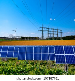 Solar Cell Power Station, Electric Substation And Power Lines