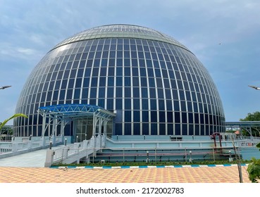 Solar Dome Planetarium And Auditorium With Full Of Solar Panel On Outside Wall, Go Green Technology, Solar Cell Energy Conceptual Background