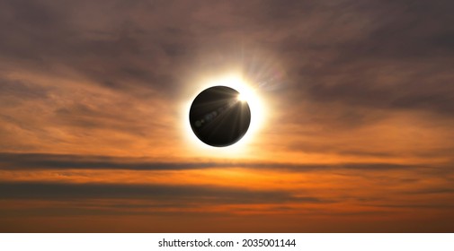 Solar eclipse. Full moon or lunar with light on sky in dark at sunset sky background. Space astronomy. Phenomena