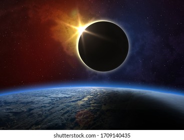 Solar Eclipse, Moon and colorful nebula. Solar eclipse - Moon passes between planet Earth and Sun. Elements of this image furnished by NASA.