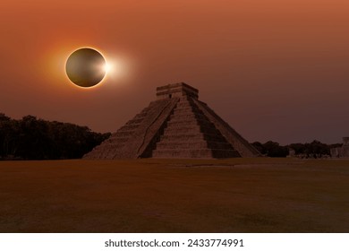 Solar Eclipse - Pyramid of Kukulcan in the Mexican city of Chichen Itza - Mayan pyramids in Yucatan, Mexico