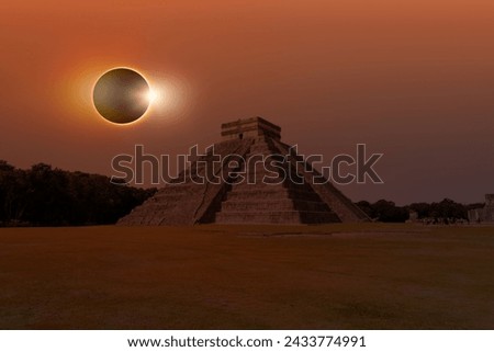 Solar Eclipse - Pyramid of Kukulcan in the Mexican city of Chichen Itza - Mayan pyramids in Yucatan, Mexico