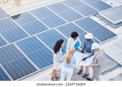 Solar energy, design or engineering team on roof building sustainable future electricity technology innovation. Collaboration, top or black man talking or planning a construction project with people - Powered by Shutterstock