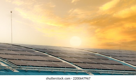 Solar Energy For Factory Or Warehouse Building. Solar Panels On The Roof Of Industrial Plant. Commercial Solar. Industrial Photovoltaic Panels. Rooftop Solar Power. Green Energy. Sustainable Energy.