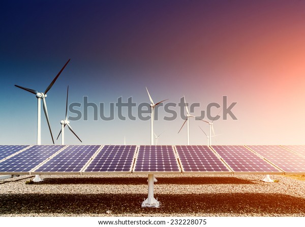 太陽能電池板和風力發電機，清潔能源背景庫存照片(立刻編輯) 232228075