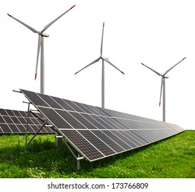 Solar Energy Panels With Wind Turbines On White Background