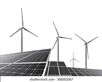 Solar Energy Panels With Wind Turbines On White Background