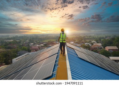 Solar Energy Steel Roof Truss Construction Construction Worker Installing New Roof Roofing Tools Power Drill Apply To New Roof With Metal Sheet