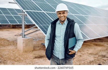 Solar environment, man and portrait of engineering industry. Happy technician, manager and renewable energy of building, future innovation and architecture of electricity, sustainability and sun grid - Shutterstock ID 2260769165