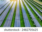 Solar farm and sun light. Solar power for green energy. Sustainable renewable energy. Photovoltaic power station or solar park. Solar panel installation and maintenance concept. Energy sustainability.