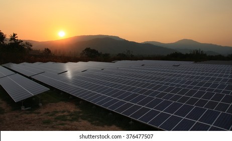 Solar Farm With Sunrise