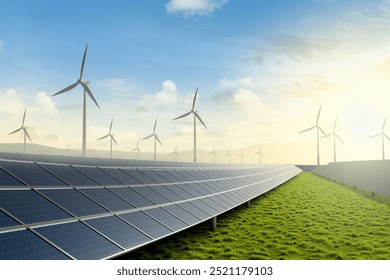 Solar farm and wind turbine on green fields with beautiful sunset background. - Powered by Shutterstock