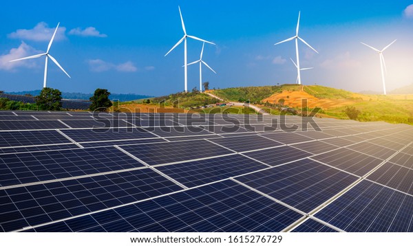 Solar farms and wind power plants \
is a renewable energy power plant. Clean energy\
concept.