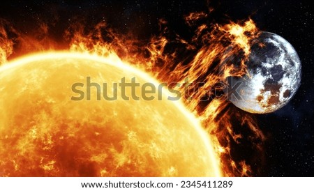 solar flares in the sun on the background of the moon