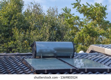 A Solar Geyser On The Roof Of A Private Home Image With Copy Space In Landscape Format