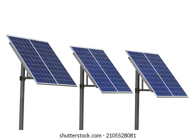 Solar Module Panels Isolated On White Background With Clipping Path. Solar Energy Environmental Theme. Street Functional Energy Saving Installation Modern Technology Green Energy Concept.