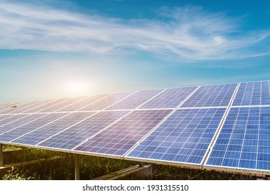 Solar panel against blue sky background. Photovoltaic, alternative electricity source. Idea for sustainable resources