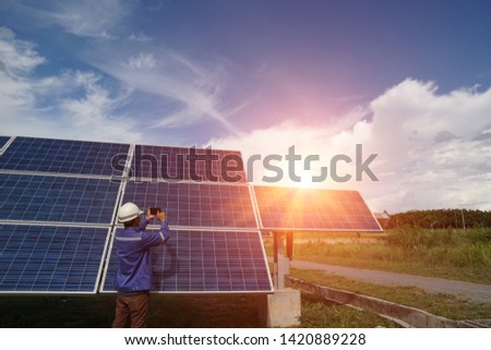 Solar panel, alternative electricity source, concept of sustainable resources, And this is a new system that can generate electricity more than the original, Technician checking Solar panel.