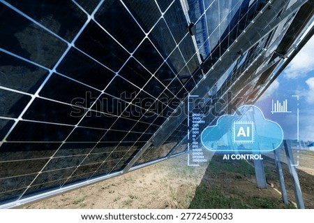 Solar panel array with ai control interface overlay for clean energy background and modern technology artificial intelligence.