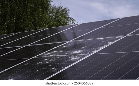 Solar panel array damaged by hail, with cracked cells and tree reflection under cloudy skies, demonstrating the vulnerability of renewable energy systems to weather events. - Powered by Shutterstock