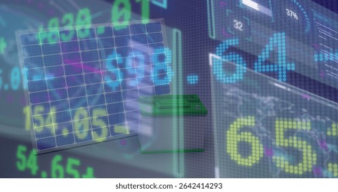 Solar panel and battery storage floating in virtual dashboard, with numeric data and chart overlays. Technology, innovation, renewable, sustainability, digital, futuristic, analytics - Powered by Shutterstock - Get 15% off with code: PIKWIZARD15
