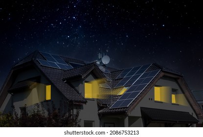 Solar Panel Day And Night. Concept Image - Solar Energy At Home. An Example Of The Use Of Photovoltaics.