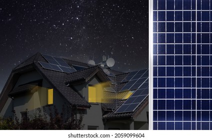 Solar Panel Day And Night. The Idea Of Ecology - Solar Energy At Modern House. An Example Of The Use Of Photovoltaics. Night View.