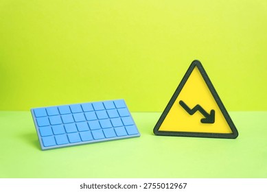 Solar panel and a downward arrow. Falling prices for solar technology and renewable energy equipment. Lower production costs but also reduced generation due to weather conditions or technical failures