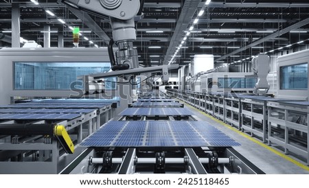 Solar panel factory with robotic arms placing PV modules on automation lines, 3D illustration of industrial building interior. Mass production warehouse producing solar cells for green energy industry