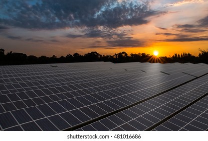 Solar Panel, Solar Farm With Colorful Sunrise Sky