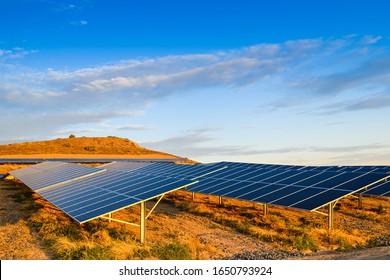 Solar Panel Farm At Sunset Located In South Australia