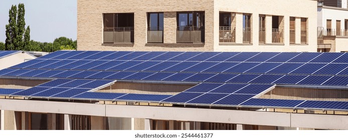 Solar Panel Installation on Smart Building Background in Green City. Modern Solar City concept.