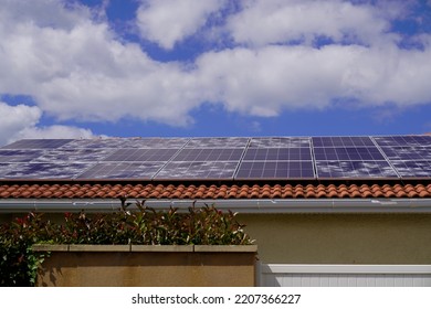 Solar Panel On House Roof Damaged And Broken By Hail Storm After Spring Summer Thunderstorm Violent