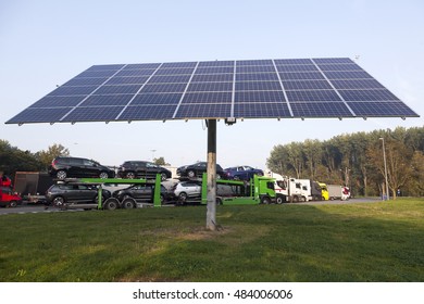 Solar Panel On Truck Stop Near Belgian Motorway Between Ghent And Brugge