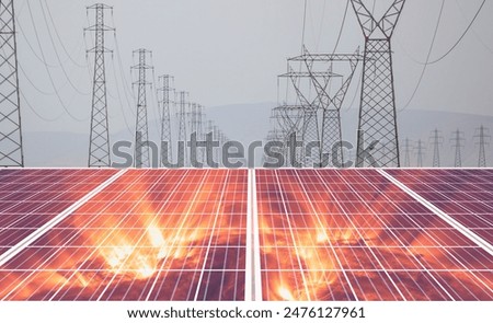 Solar panel with our star sun orange abstract background photovoltaic renewable sources green energy -  High voltage power lines 
