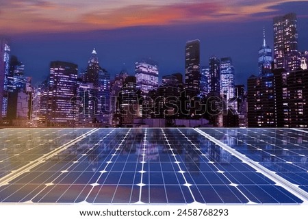 Solar panel over cityscapes, solar power green energy for life concept,New York City USA,