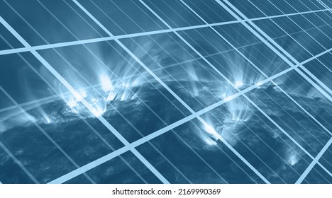 Solar Panel (Photovoltaic) With Corona Of The Sun With Magnetic Storm Reflection 