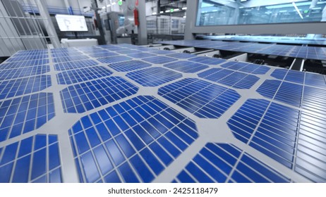 Solar panel placed on conveyor belt, operated by industrial robot arm, moving around facility, 3D illustration. Close up of photovoltaic cell produced in green energy manufacturing warehouse - Powered by Shutterstock