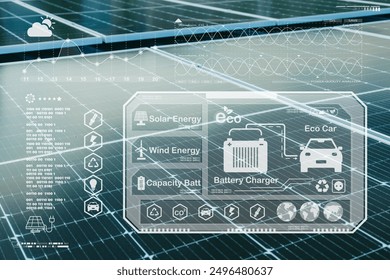Solar Panel PV System or Solar farm Clean energy overlay graphics HUD software interface for Modern Power control system concept.