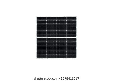Solar panel with rectangular grid cells is isolated on black background.