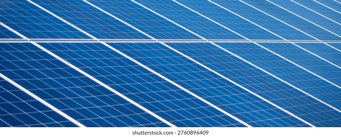 Solar panel surface with blue lines texture. Solar renewable energy with electric power. Solar cells closeup with efficiency detail. Solar clean eco background pattern.