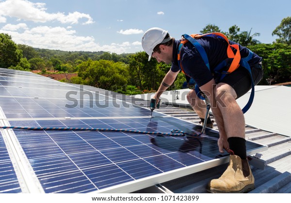 Solar Panel Technician Drill Installing Solar Stock Photo (Edit Now ...