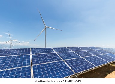 solar panel and wind turbine against a clear sky - Shutterstock ID 1134843443